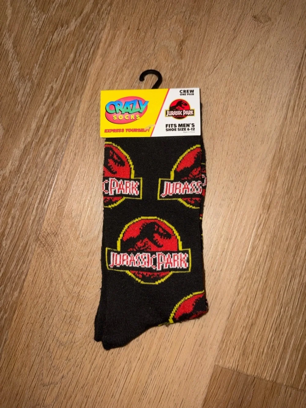 Jurassic Park Novelty Crew Crazy Socks 1 Pair Fits Shoe Size 6-12 New Black Red